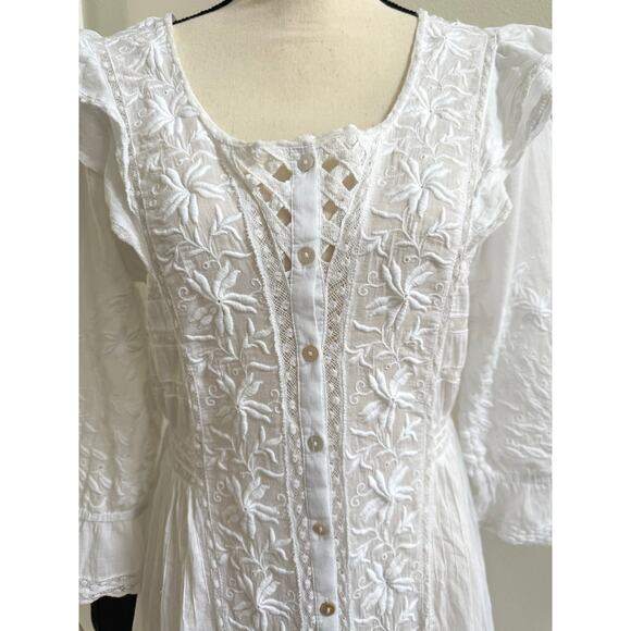 LoveShackFancy White Eyelet Cotton Embroidered Button-Up Maxi Praire Dress LARGE - Picture 3 of 15